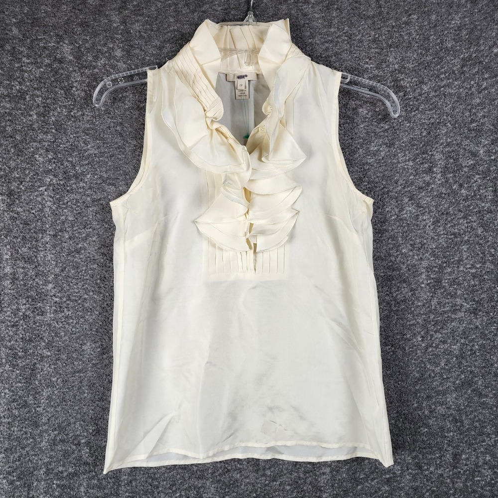 J.Crew Top Women 0P 17932 Ivory Silk Ruffle V-Neck Pleated Bib Sleeveless EUC
